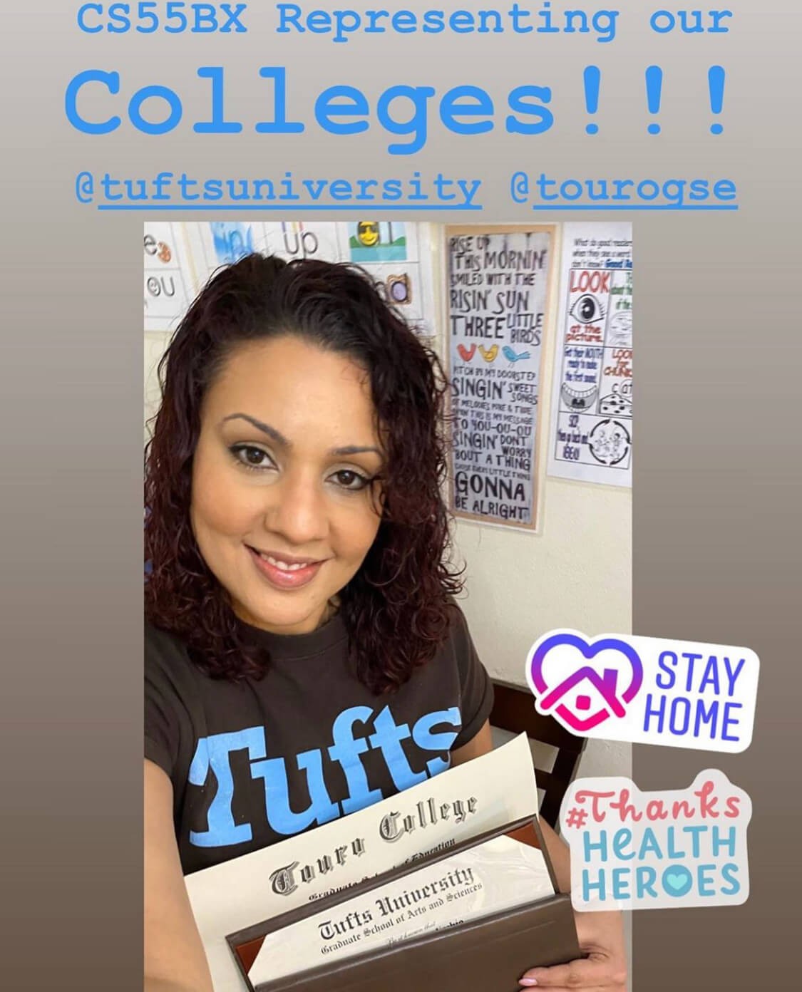 screenshot of Myra\'s instagram live with Touro and Tufts diploma