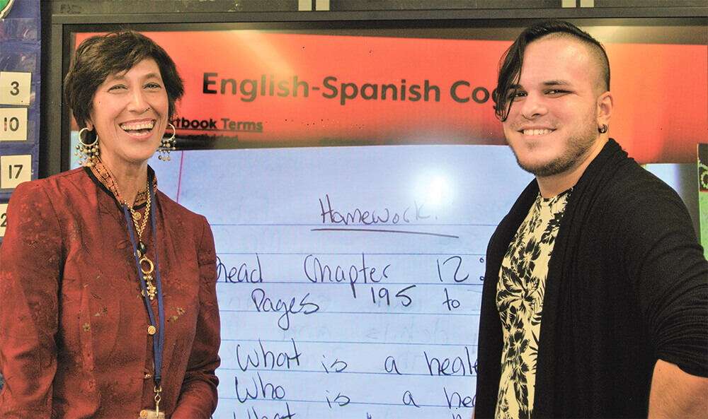 Dr. Lucia Buttaro of Touro's Graduate School of Education (left) works with 5th grade teacher Michael Garcia (right) to help develop students who are fully bilingual and bicultural.