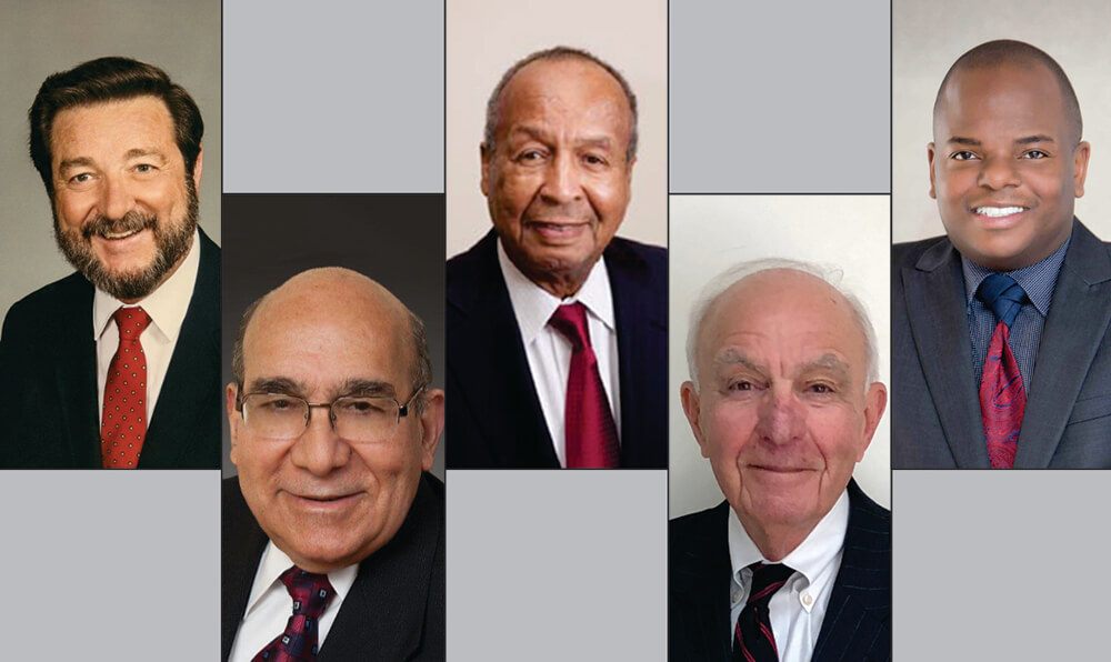 collage of the deans of Touro\'s Graduate School of Education. Left to Right Dr. H. Carl Haywood; Dr. Anthony Polemeni; Dr. Lamar Miller; Dr. Arnold Spinner; and current dean, Dr. Jacob Easley II 